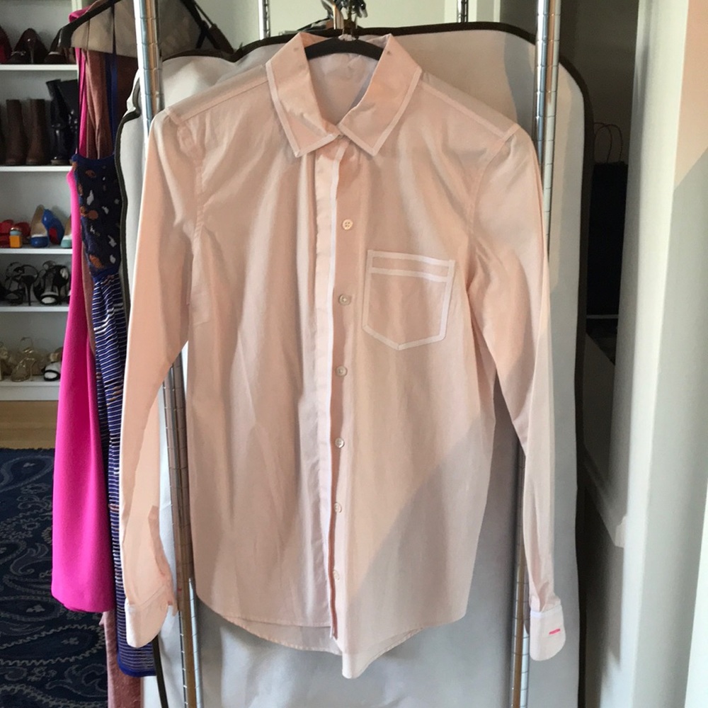 Pink Tartan blush pink button-down with white grosgrain trim